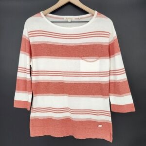 Barbour Womens Cotton Sweater Size 12 Coral Ivory Striped Lightweight Classic